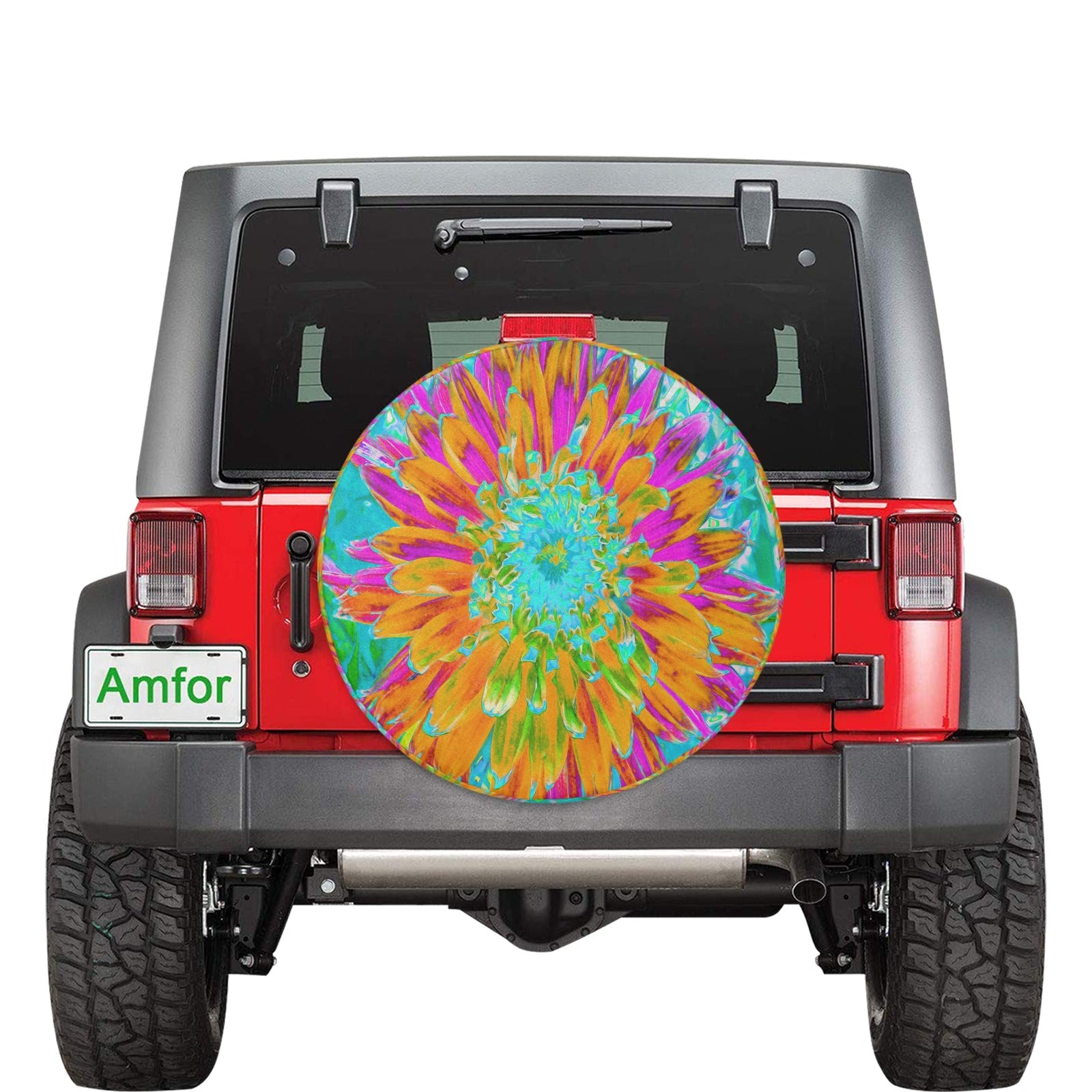 Spare Tire Covers - Medium, Tropical Orange and Hot Pink Decorative Dahlia