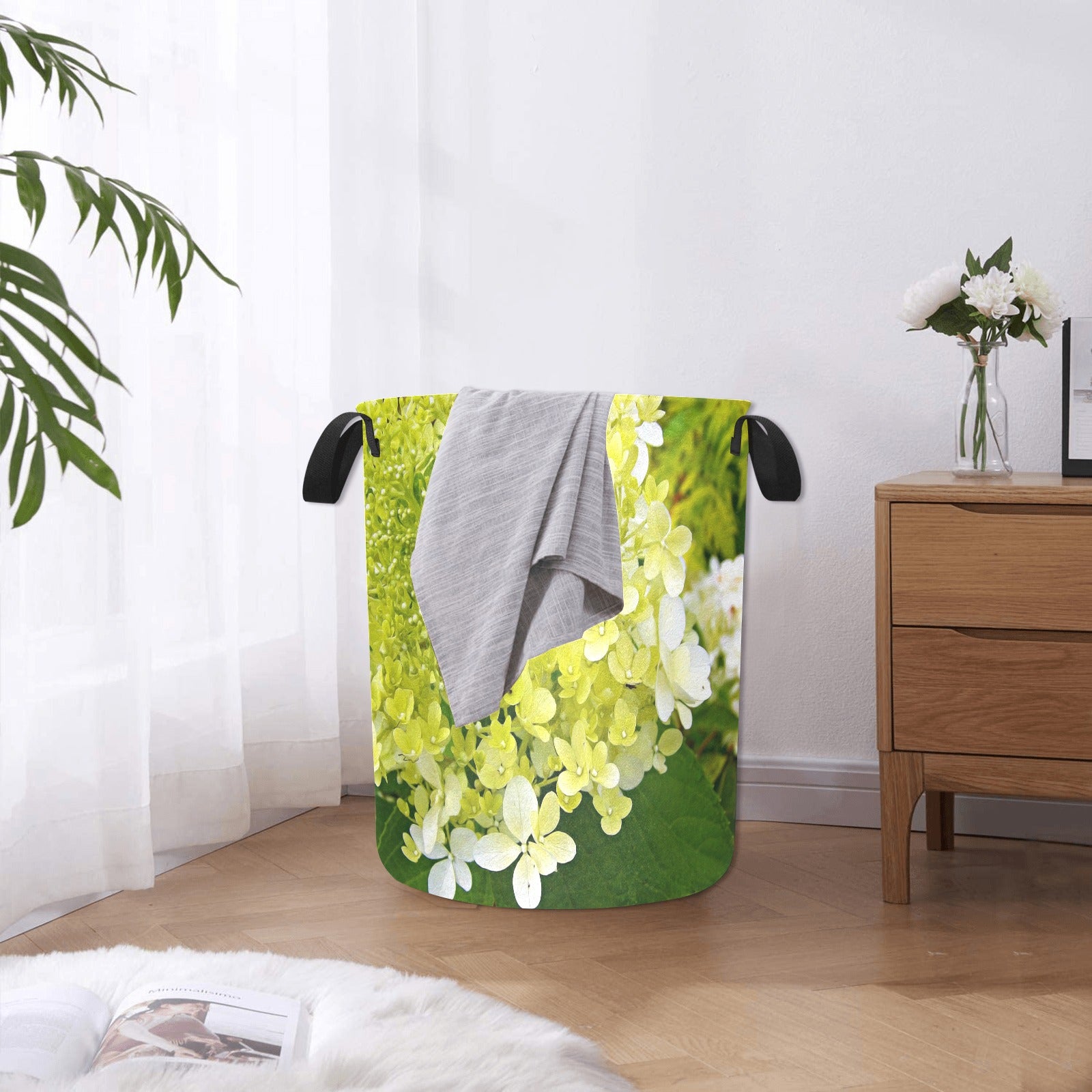 Fabric Laundry Basket with Handles, Elegant Chartreuse Green Limelight Hydrangea