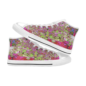 High Top Sneakers for Women, Elegant Chartreuse Green, Pink and Blue Hydrangea - White