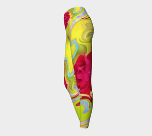 Artsy Yoga Leggings, Painted Red Rose on Yellow and Blue Abstract Pants