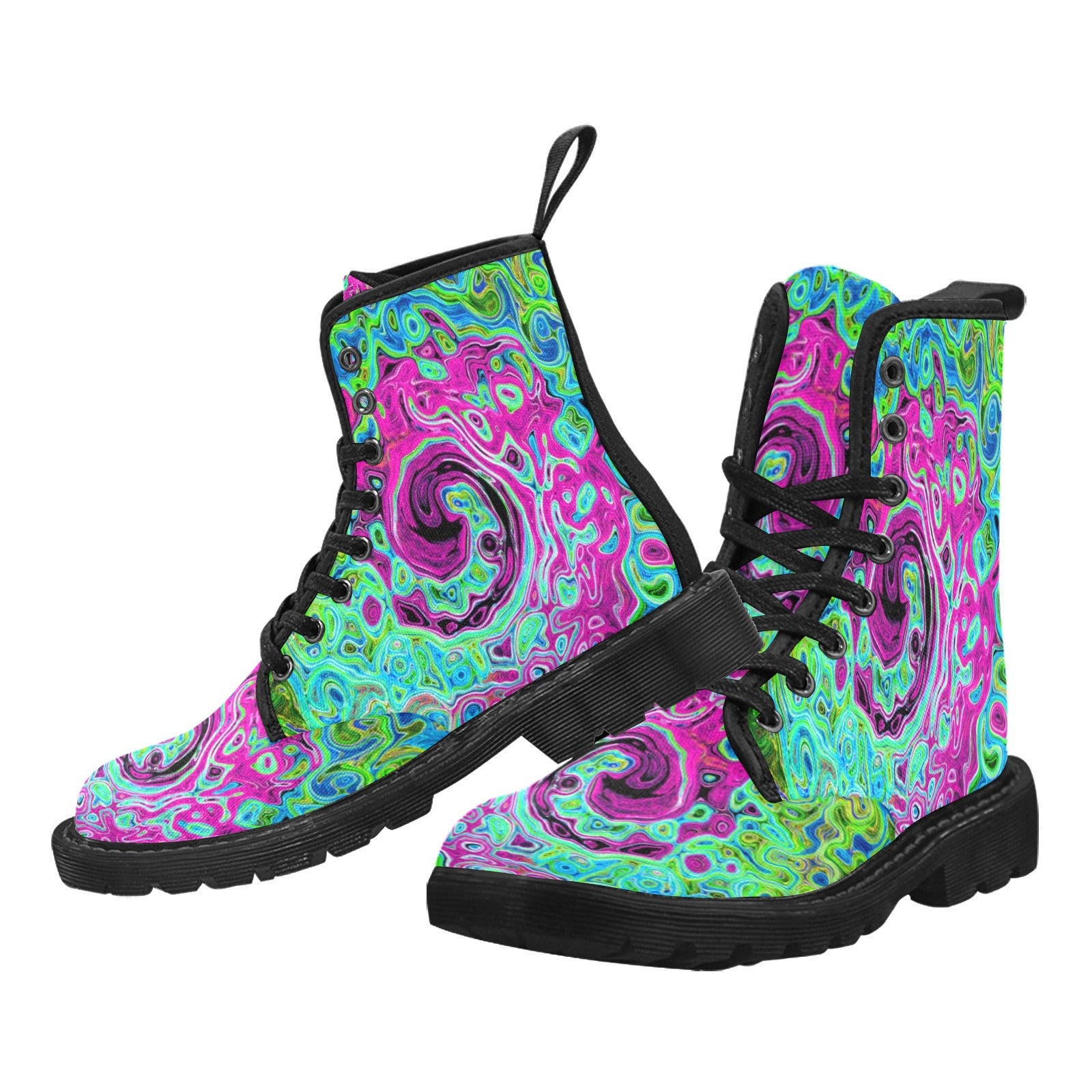 Boots for Women, Hot Pink and Blue Groovy Abstract Retro Liquid Swirl - Black