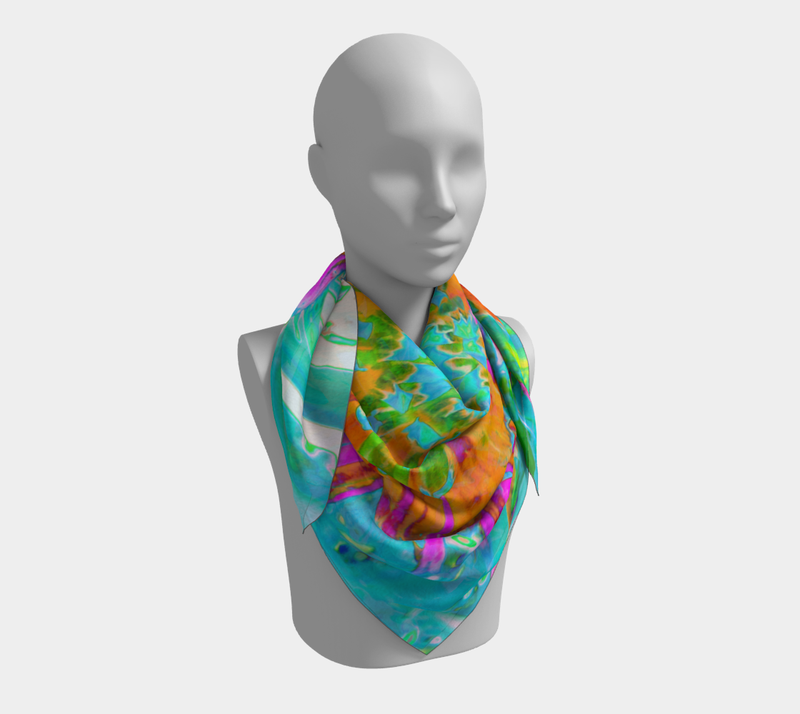 Square Scarves for Women, Tropical Orange and Hot Pink Decorative Dahlia