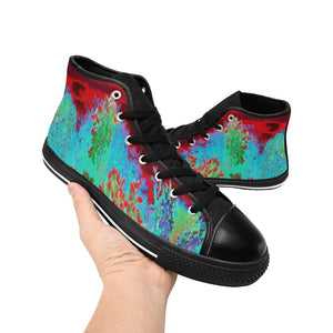 High Top Sneakers for Women, Colorful Abstract Foliage Garden with Crimson Sunset - Black