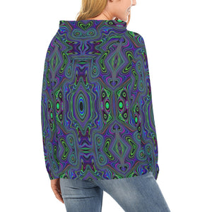 Hoodies for Women, Trippy Retro Royal Blue and Lime Green Abstract