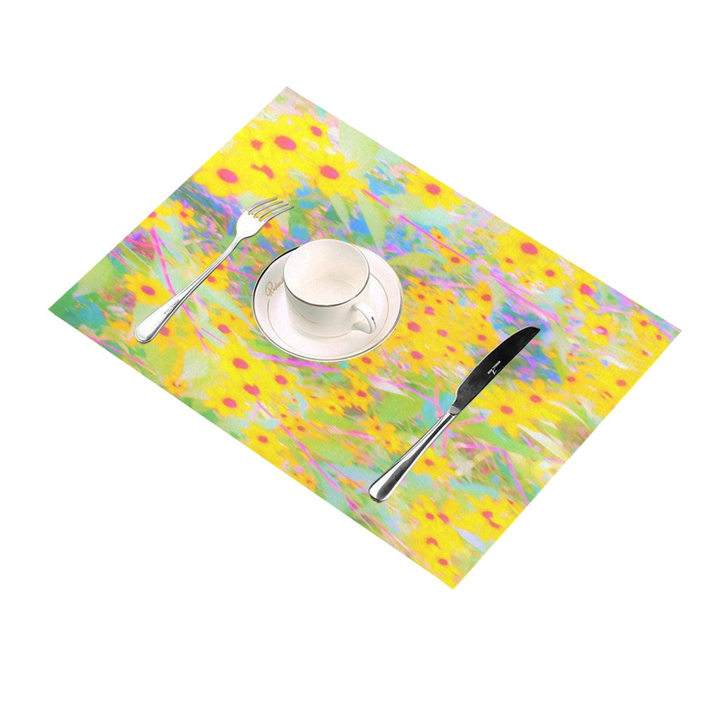 Cloth Placemats Set, Pretty Yellow and Red Flowers with Turquoise