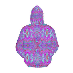 Lightweight Hoodies for Women, Wavy Magenta and Green Trippy Marbled Pattern