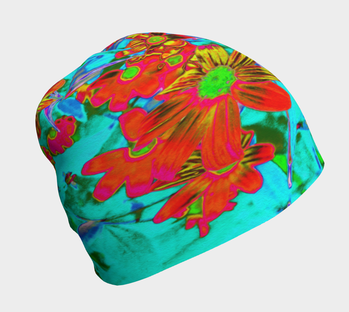 Beanie Hats for Women, Aqua Tropical with Yellow and Orange Flowers