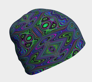 Beanie Hats, Trippy Retro Royal Blue and Lime Green Abstract