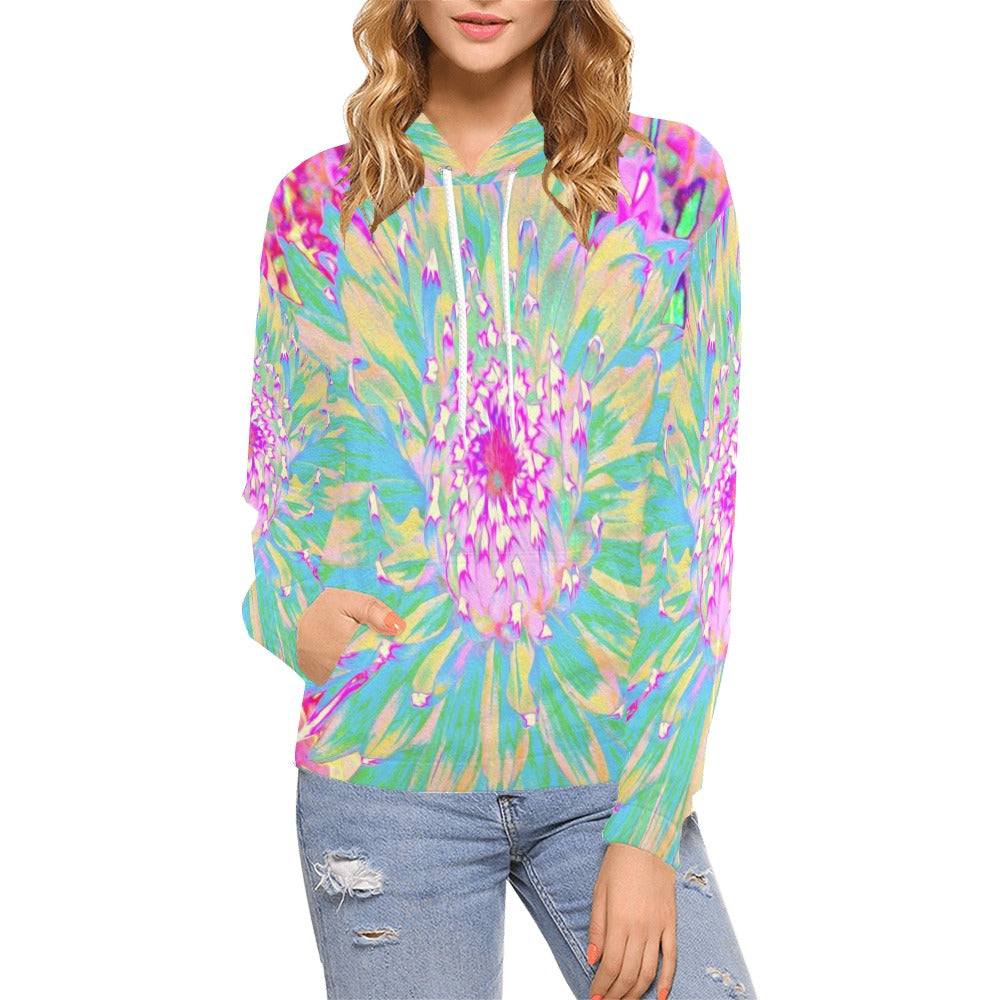 Hoodies for Women, Decorative Teal Green and Hot Pink Dahlia Flower