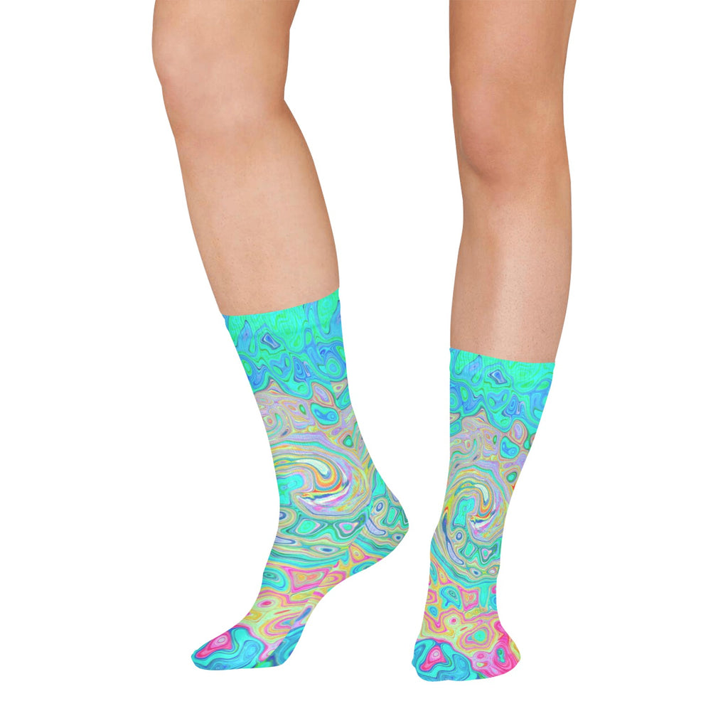 Socks for Women, Groovy Abstract Retro Rainbow Liquid Swirl