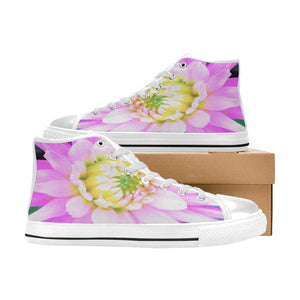 High Top Sneakers for Women, Pretty Pink, White and Yellow Cactus Dahlia Macro - White