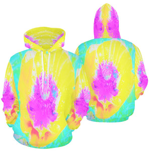 Hoodies for Women, Yellow Poppy with Hot Pink Center on Turquoise