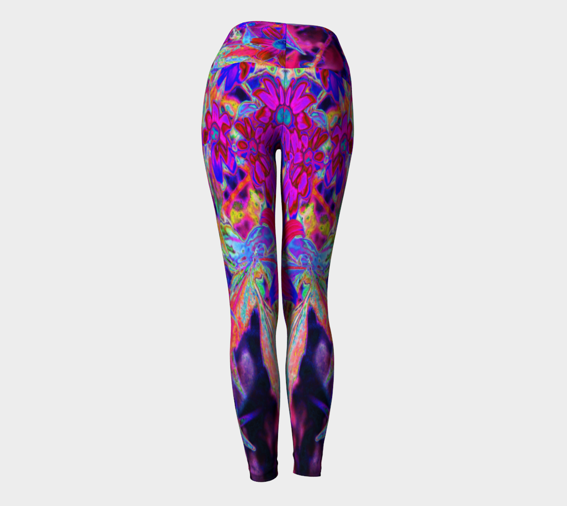 Artsy Yoga Leggings, Psychedelic Retro Crimson and Magenta Wildflowers