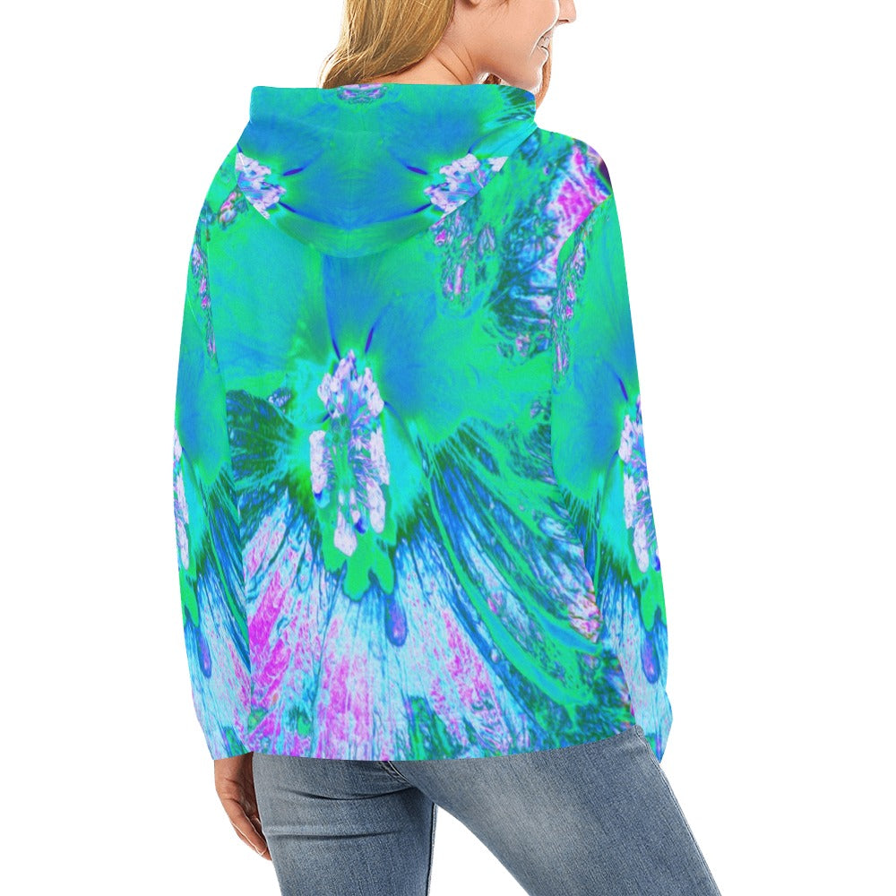 Hoodies for Women, Psychedelic Retro Green and Hot Pink Hibiscus Flower