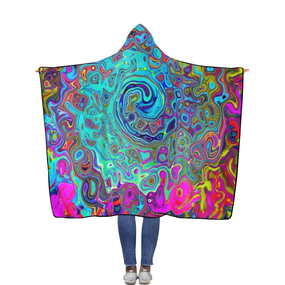 Hooded Blankets for Men, Trippy Sky Blue Abstract Retro Liquid Swirl