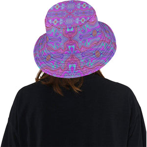 Colorful Bucket Hats, Wavy Magenta and Green Trippy Marbled Pattern