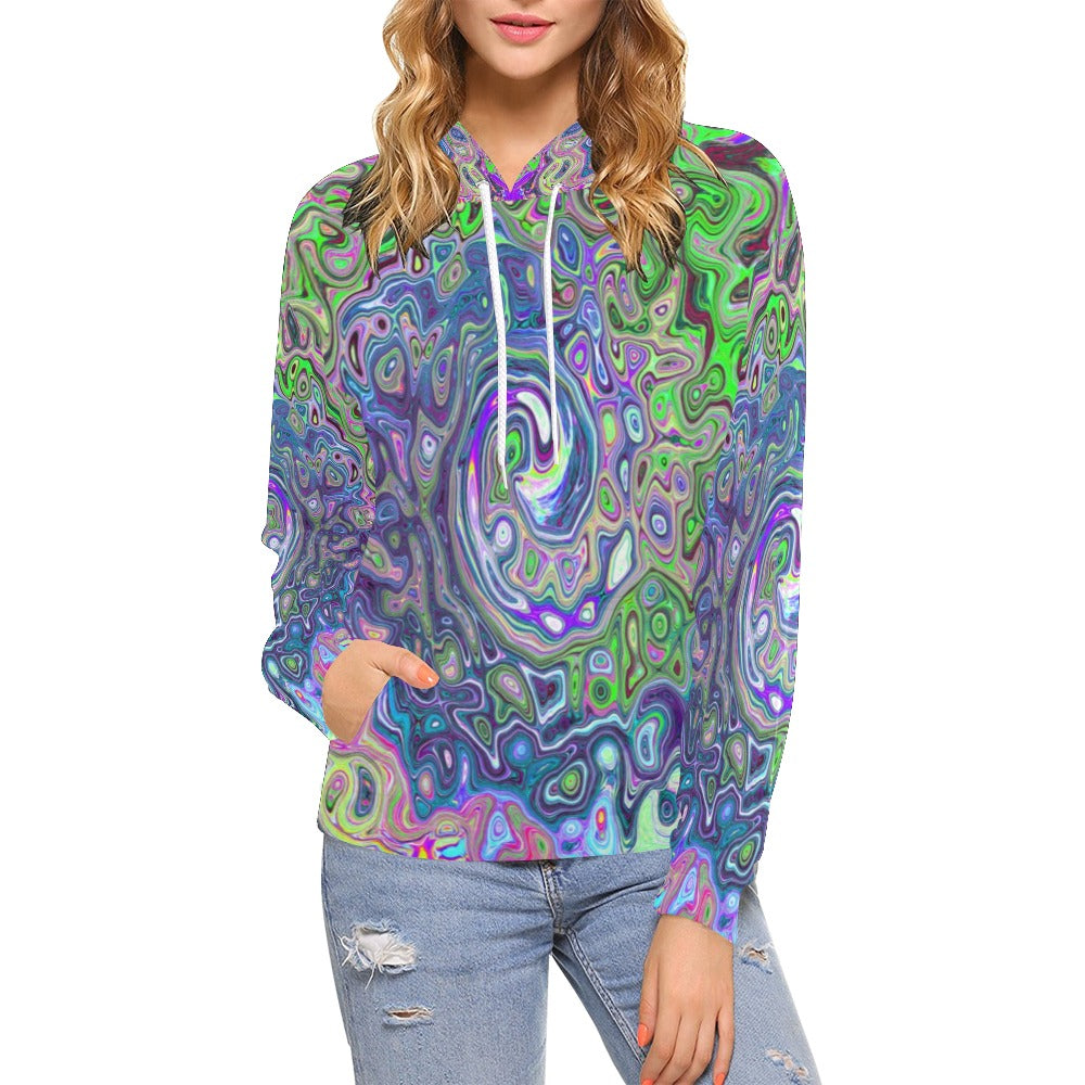 Hoodies for Women, Marbled Lime Green and Purple Abstract Retro Swirl