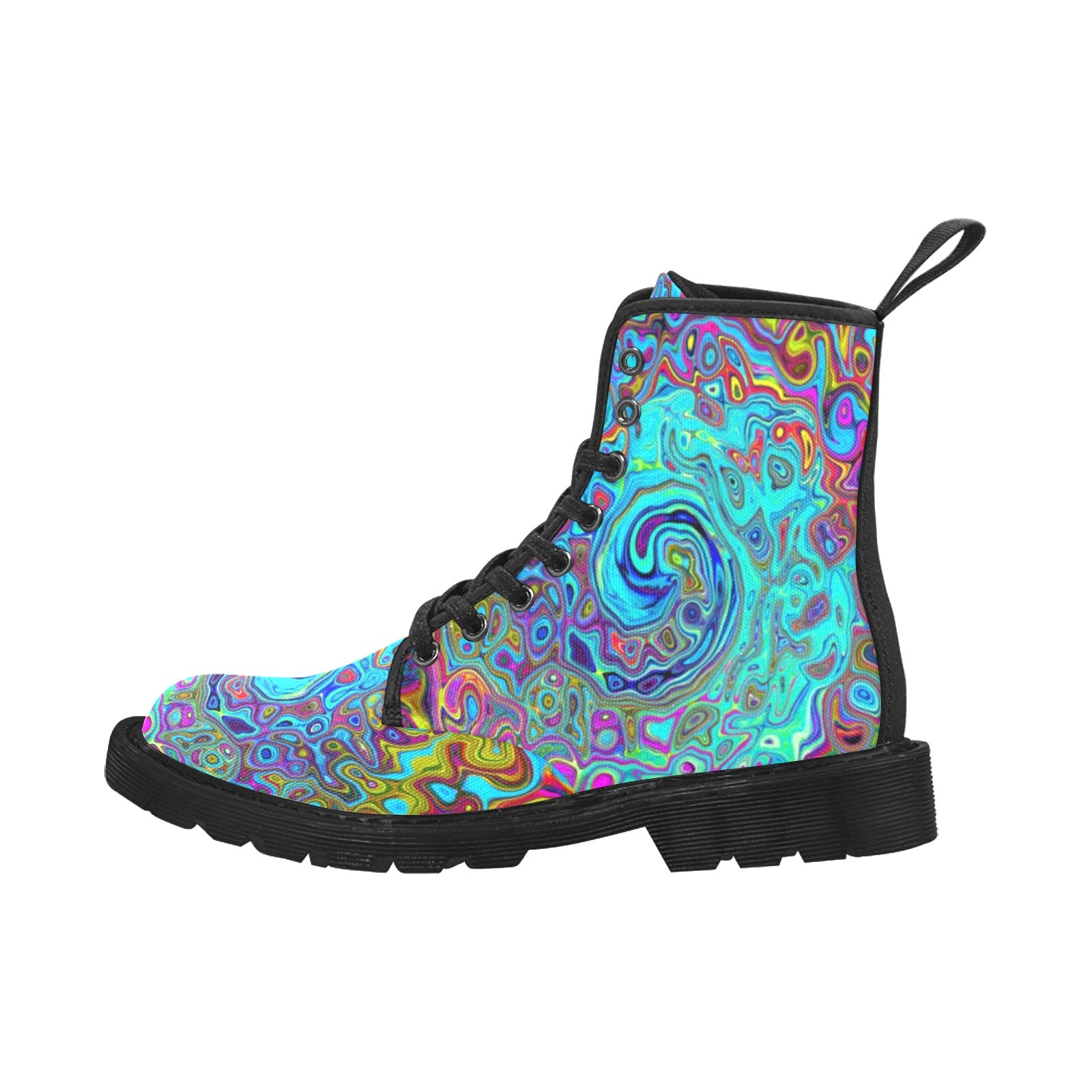 Boots for Women, Trippy Sky Blue Abstract Retro Liquid Swirl - Black