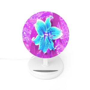 Induction Charger, Pretty Aqua Blue Stargazer Lily on Purple