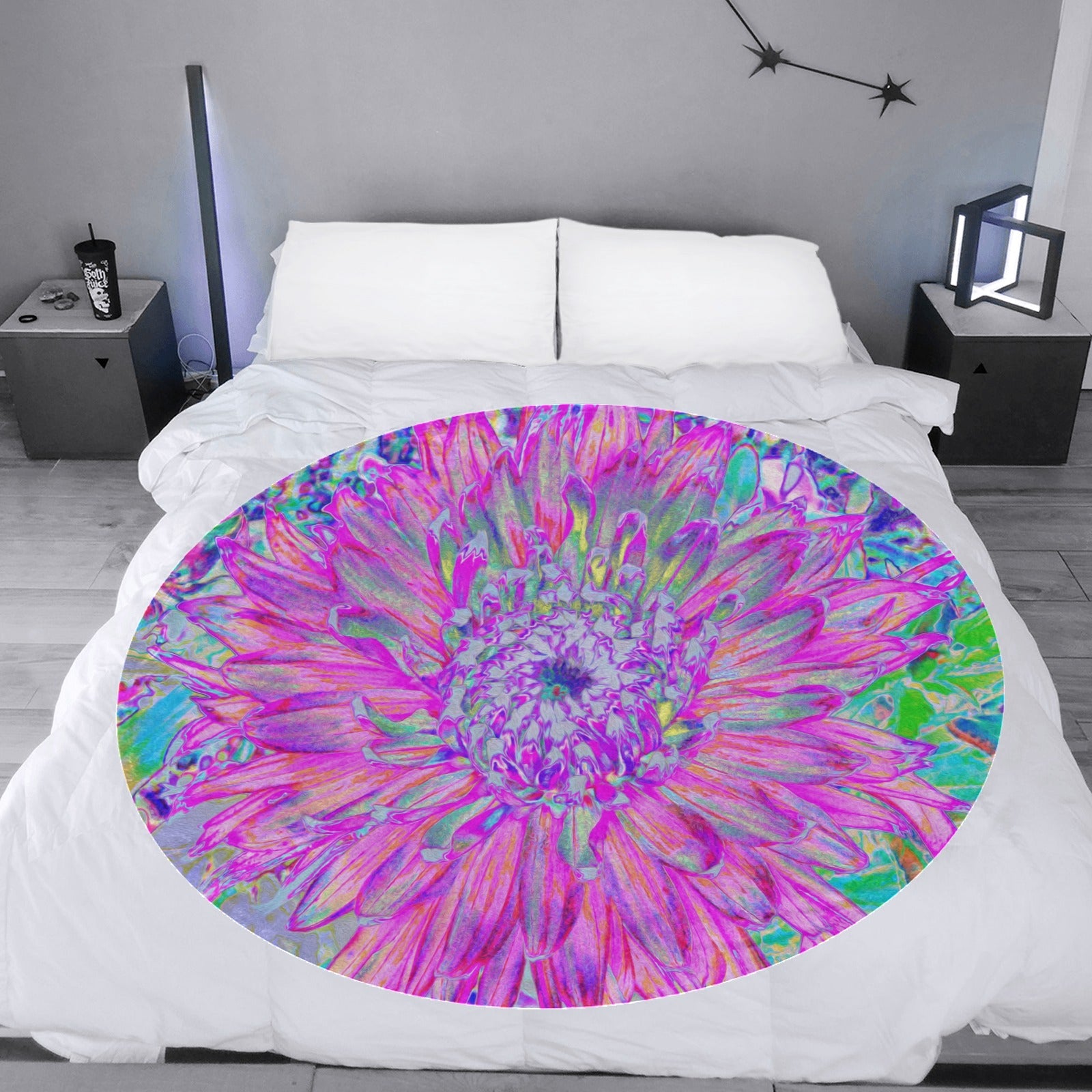 Round Throw Blankets, Cool Pink Blue and Purple Artsy Dahlia Bloom