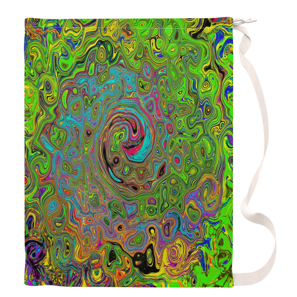 Groovy Laundry Bags, Groovy Abstract Retro Lime Green and Blue Swirl - Large