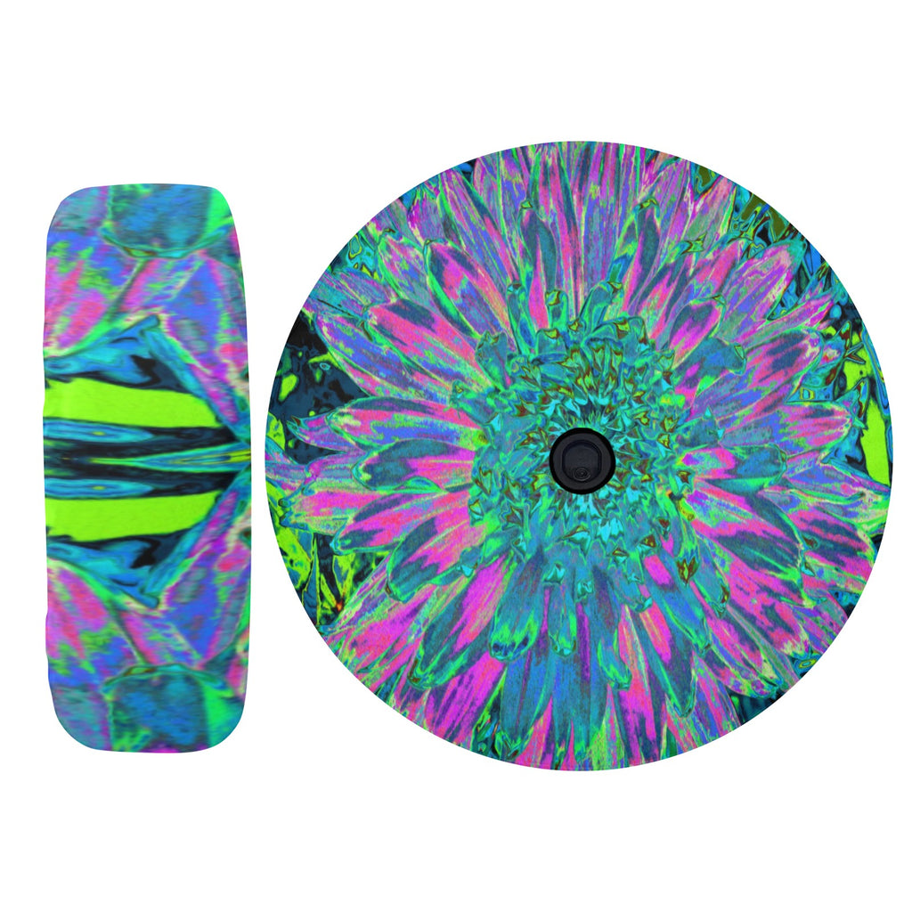 Spare Tire Cover with Backup Camera Hole - Psychedelic Magenta, Aqua and Lime Green Dahlia - Small