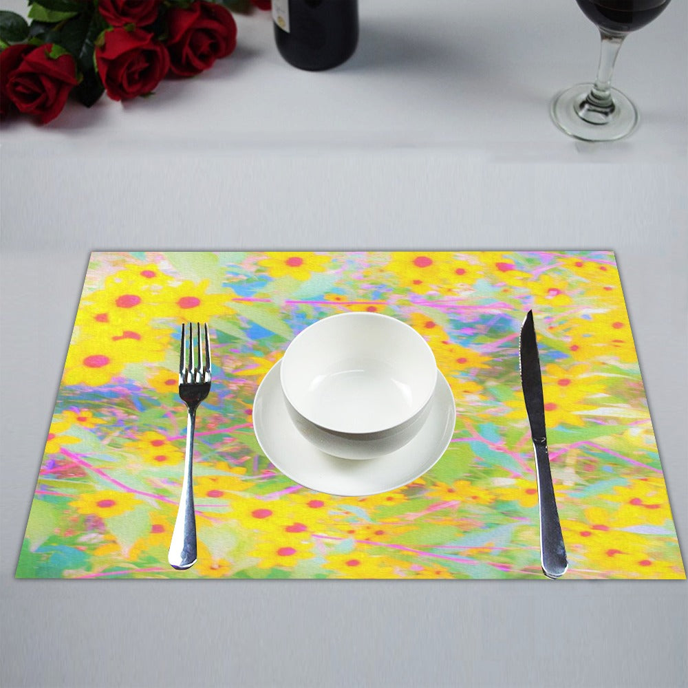 Cloth Placemats Set, Pretty Yellow and Red Flowers with Turquoise