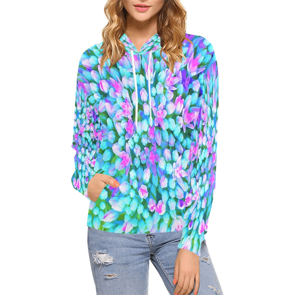 Hoodies for Women, Blue and Hot Pink Succulent Sedum Flowers Detail