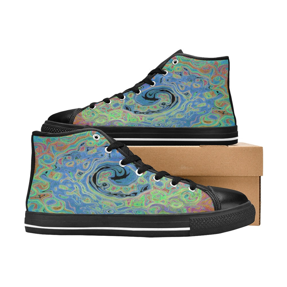 High Top Sneakers for Women - Watercolor Blue Groovy Abstract Retro Liquid Swirl