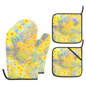 Oven Mitts and Pot Holders Set, Pretty Yellow and Red Flowers with Turquoise