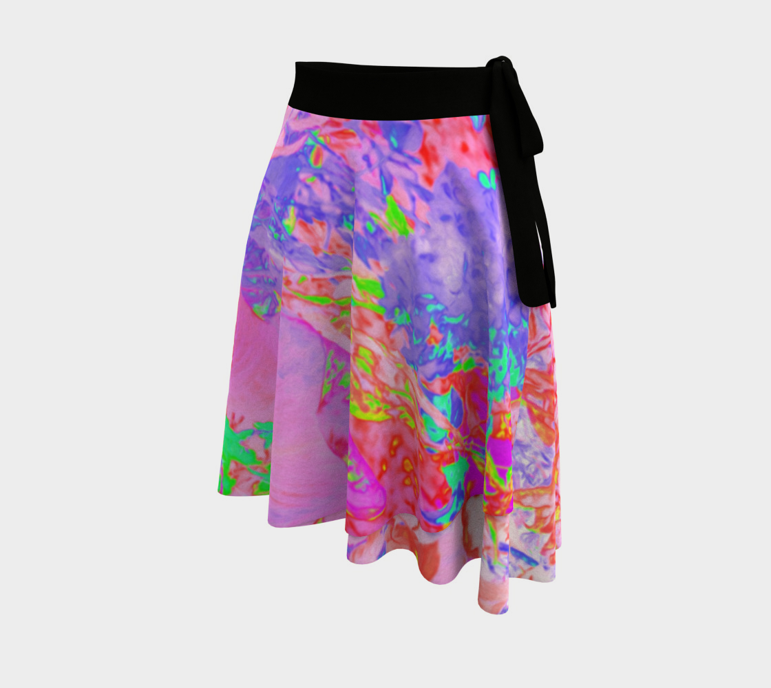Artsy Wrap Skirt, Pastel Pink and Red with a Blue Hydrangea Landscape