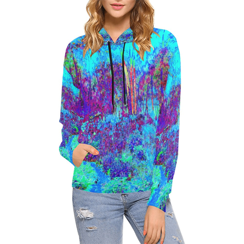 Hoodies for Women, Psychedelic Impressionistic Blue Garden Landscape