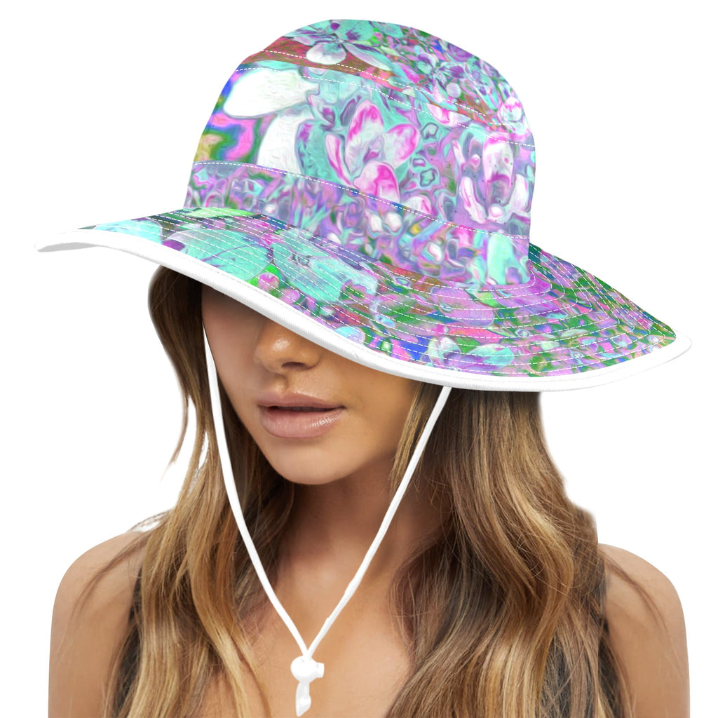 Wide Brim Sun Hat - Elegant Aqua and Purple Limelight Hydrangea Detail