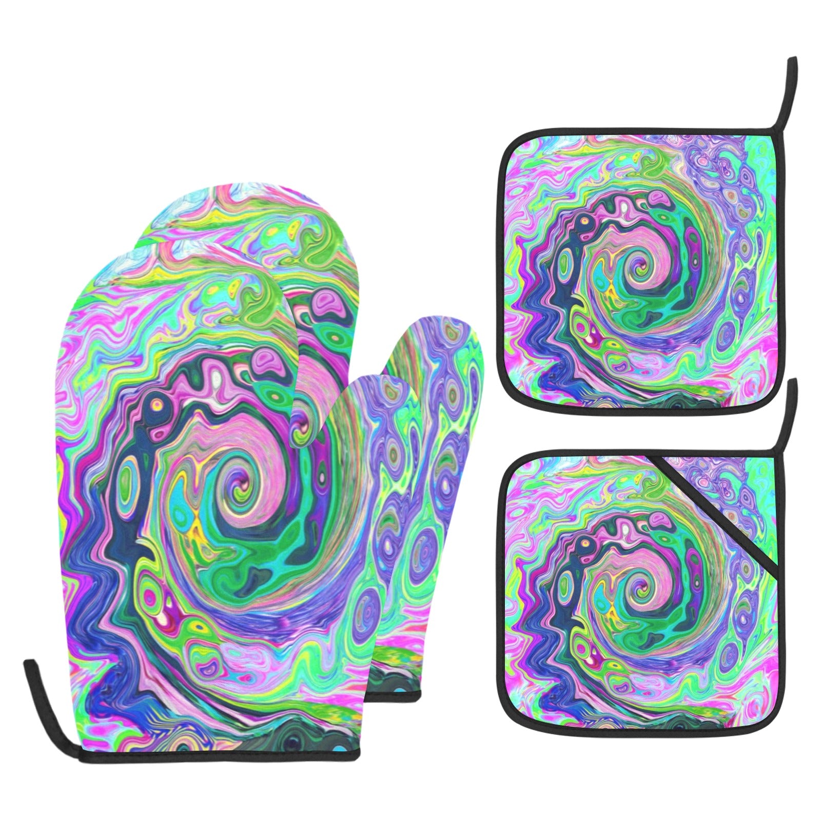 Oven Mitts and Pot Holders Set, Groovy Abstract Aqua and Navy Lava Swirl