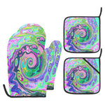 Oven Mitts and Pot Holders Set, Groovy Abstract Aqua and Navy Lava Swirl