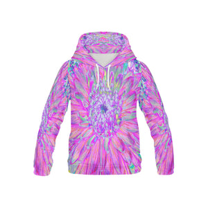 Hoodies for Kids, Cool Pink Blue and Purple Artsy Dahlia Bloom