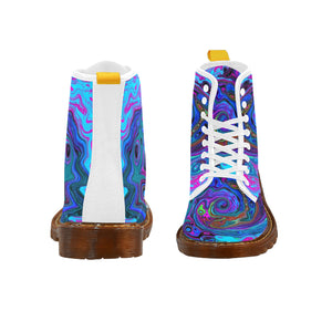 Boots for Women, Groovy Abstract Retro Blue and Purple Swirl - White
