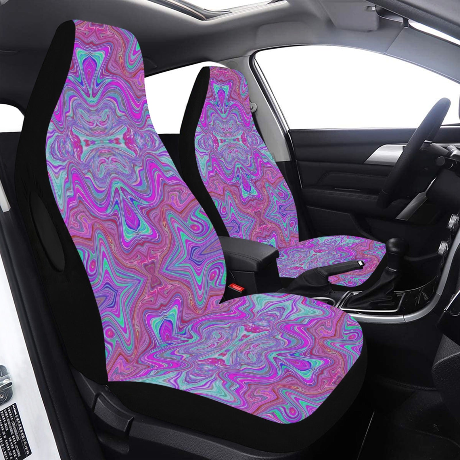 Colorful Car Seat Covers, Wavy Magenta and Green Trippy Marbled Pattern