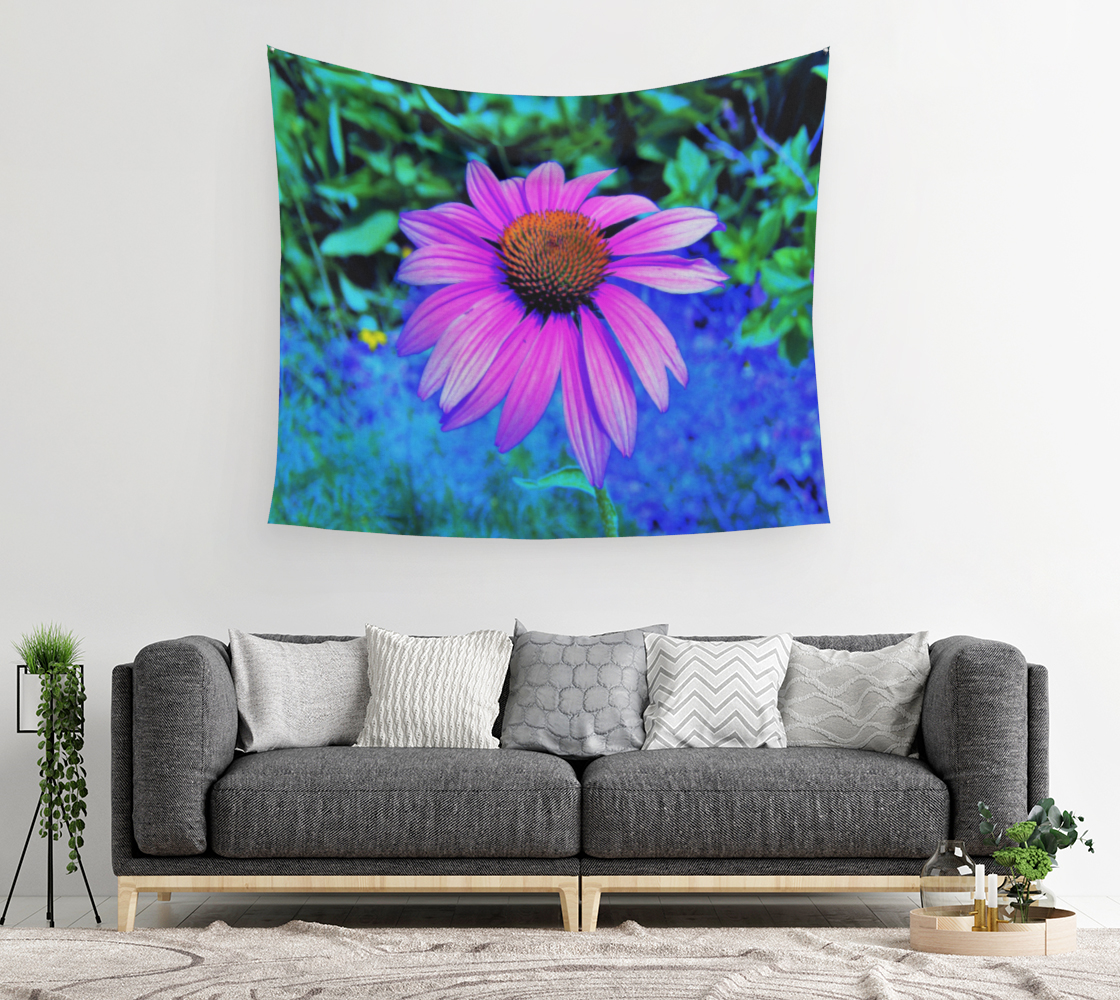 Wall Tapestries, Pink and Purple Coneflower on Blue Garden