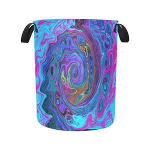 Fabric Laundry Basket with Handles, Groovy Abstract Retro Blue and Purple Swirl