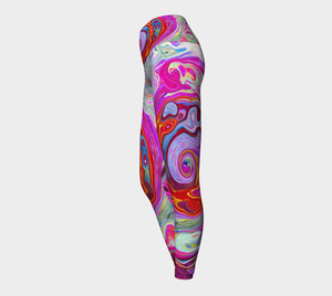 Artsy Yoga Leggings, Groovy Abstract Retro Hot Pink and Blue Swirl