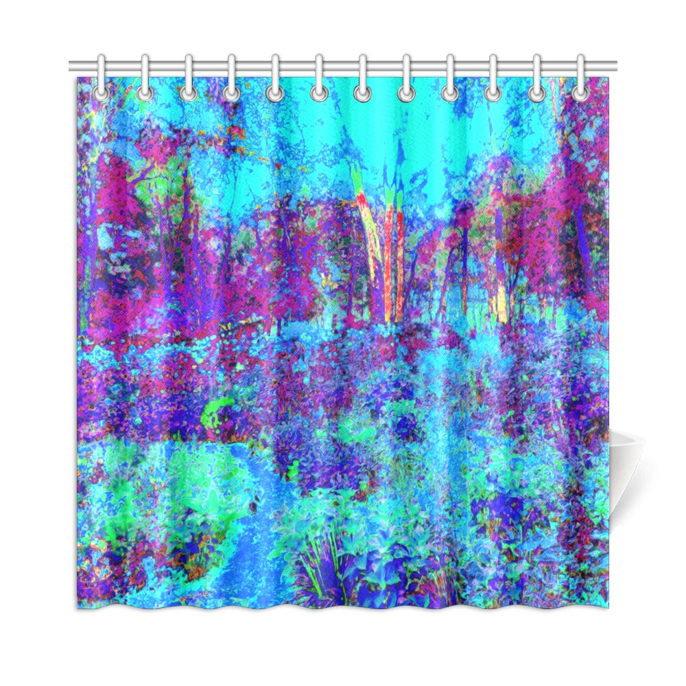 Shower Curtains, Psychedelic Impressionistic Blue Garden Landscape - 72 x 72