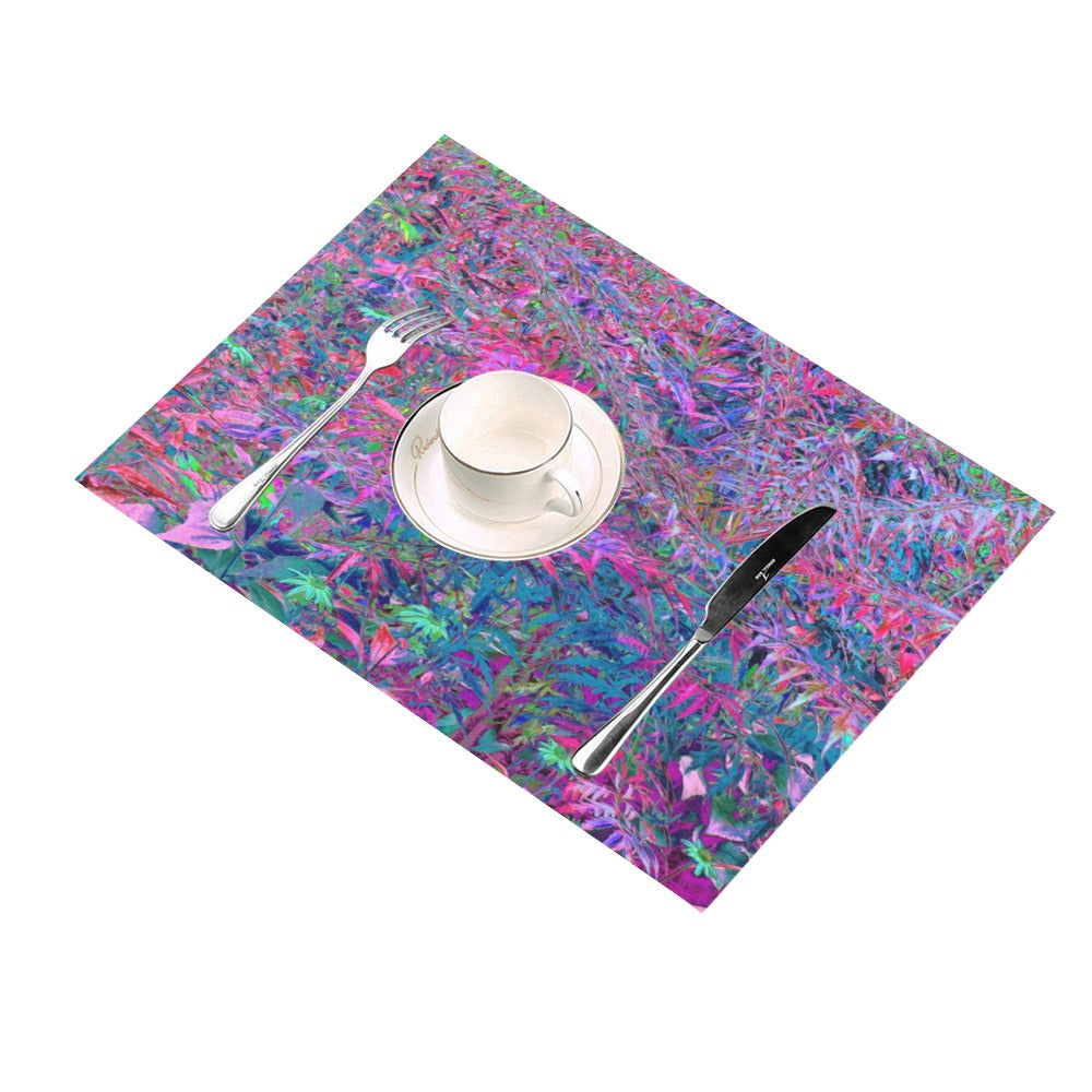 Cloth Placemats Set, Abstract Psychedelic Rainbow Colors Foliage Garden