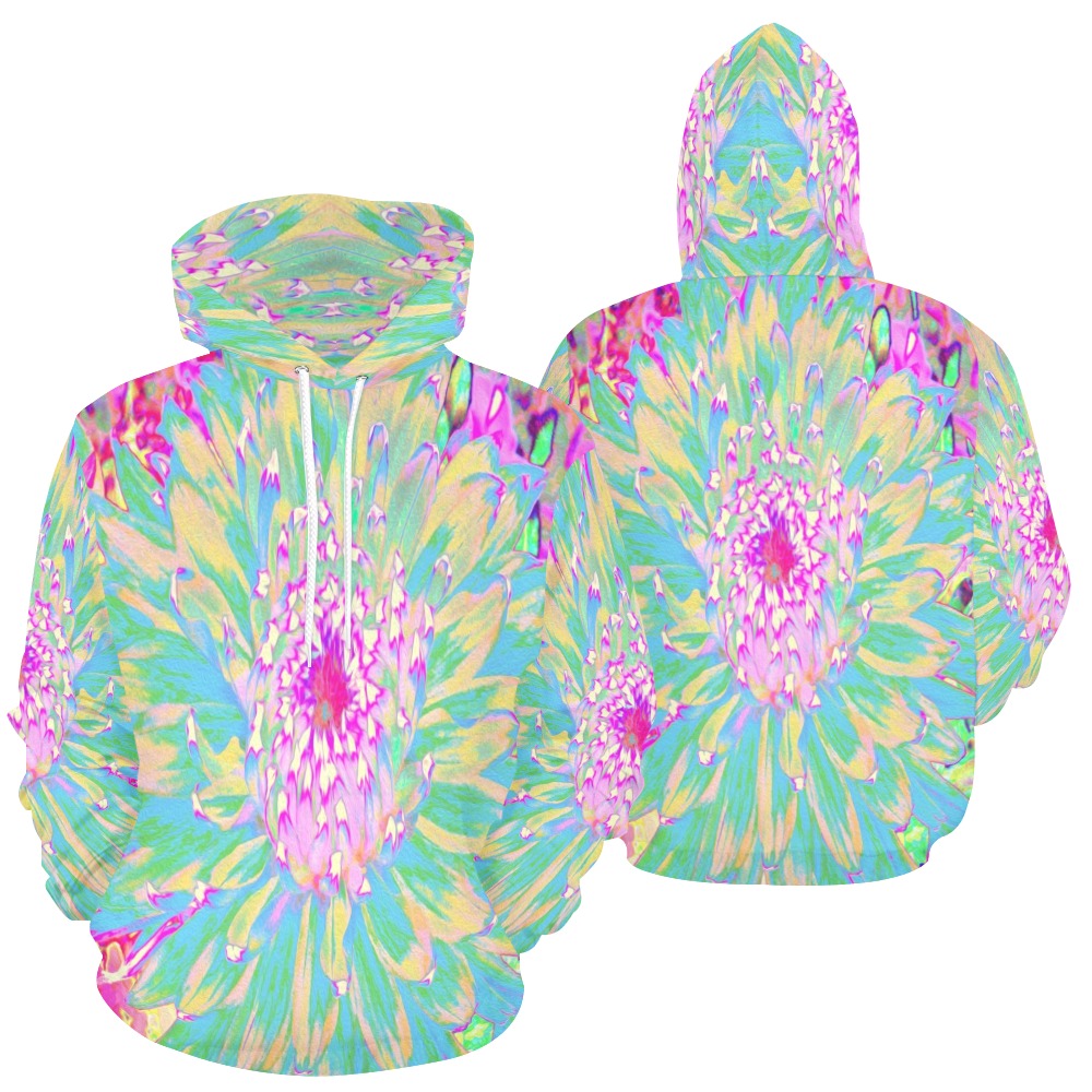 Hoodies for Women, Decorative Teal Green and Hot Pink Dahlia Flower
