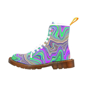 Boots for Women, Trippy Lime Green and Purple Waves of Color - White