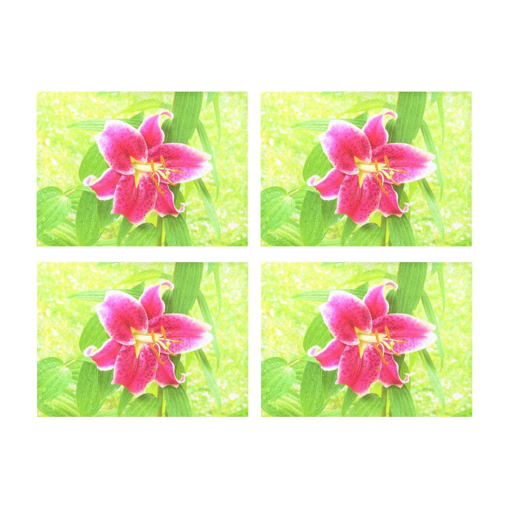 Cloth Placemats Set, Pretty Deep Pink Stargazer Lily on Lime Green