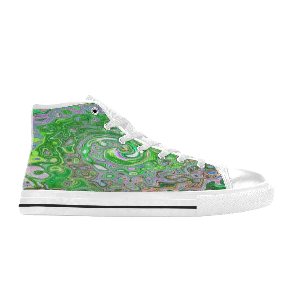 High Top Sneakers for Women, Trippy Lime Green and Pink Abstract Retro Swirl - White