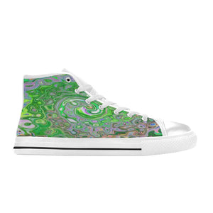 Kids High Top Sneakers, Trippy Lime Green and Pink Abstract Retro Swirl - White