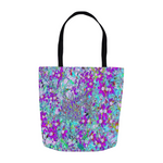 Floral Tote Bags, Aqua Garden with Violet Blue and Hot Pink Flowers