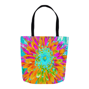 Tote Bags, Tropical Orange and Hot Pink Decorative Dahlia